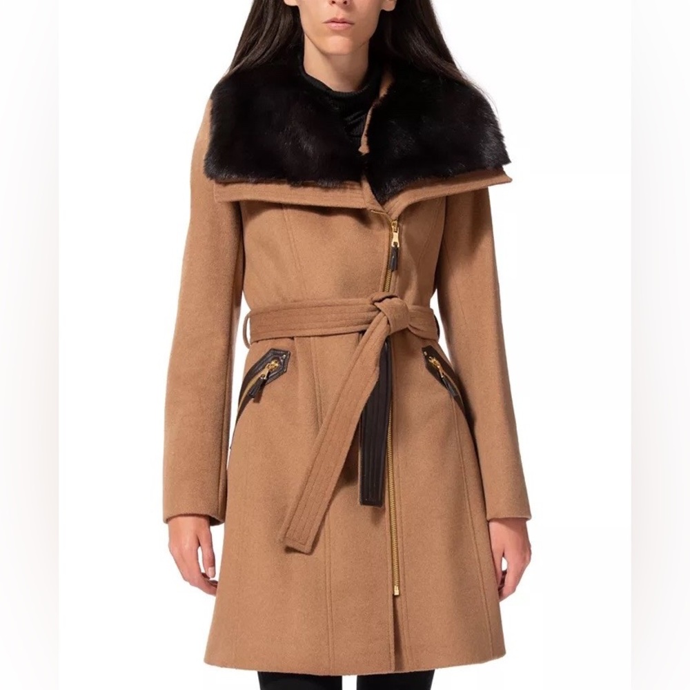 Via Spiga wool faux fur trench coat in camel size 4